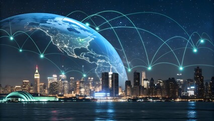 City skyline at night with a globe overlay and connecting lines above the buildings and water