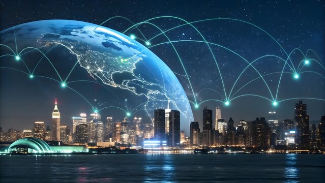 City skyline at night with a globe overlay and connecting lines above the buildings and water
