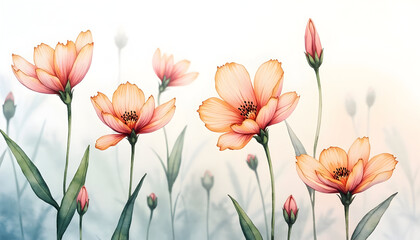 Watercolor Flowers with Delicate Orange Petals and Green Leaves