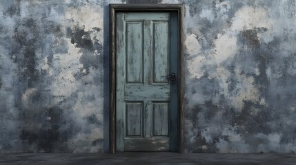 Photograph of a weathered, teal door set against a textured, gray wall.