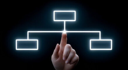Finger touching digital flowchart with glowing lines representing network structure concept in dark tech background