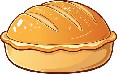 Golden-brown loaf of bread, freshly baked in a crusty round tin.