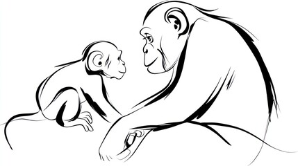 Obraz premium Simple line drawing of a monkey and a chimpanzee