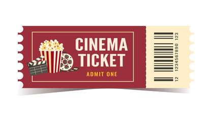 Vector cinema ticket isolated on white background. Cinema ticket with popcorn and clapperboard icons.