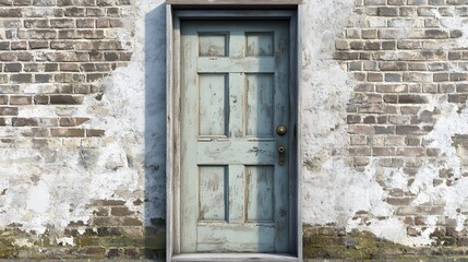 Photograph of a weathered, light blue door set within a textured brick wall with moss growth.