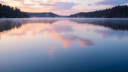 Fototapeta premium Serene Sunrise Lake: Misty Dawn Reflections, Calm Water, Peaceful Atmosphere.