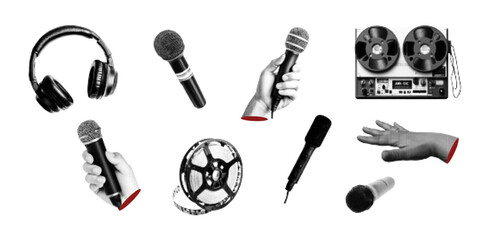 Halftone music elements set. Microphone in hand, voice recorder, MP3 player. Trendy modern retro vector illustration.