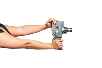 A hand holding retro film camera, isolated on free png background. Vintage cinema poster.