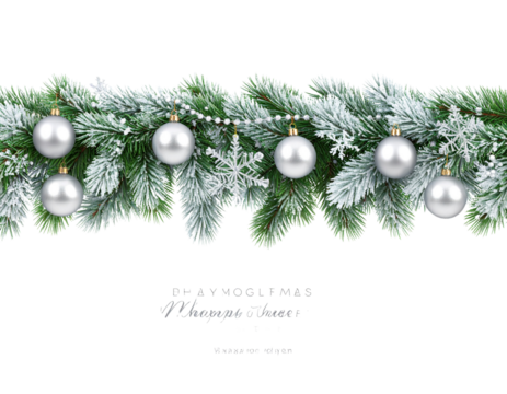  Elegant Christmas Garland with Silver Baubles and Frosted Branches, Straight Front View, Transparent Background PNG