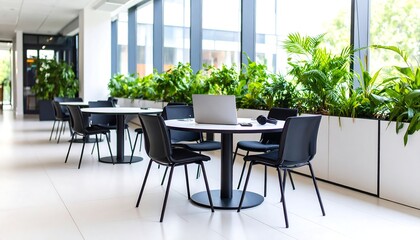 Modern empty office co-working space with biophilic design, large windows, and contemporary furniture for collaboration.