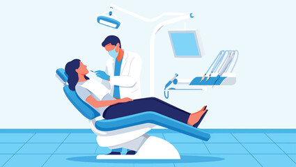 Dentist treating a female patient in a dental chair at a modern clinic, vector illustration.