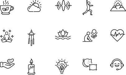 Mindfulness and meditation icons with lotus, candle, brain, and yoga pose