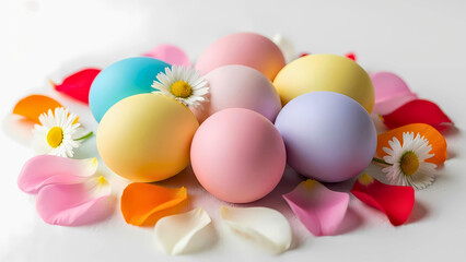 Vibrant pastel colored eggs nestled among delicate flower petals and fresh daisies, symbolizing spring's arrival and the joyful celebration of renewal.