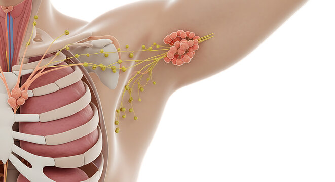 Detailed anatomical illustration of the human body with lymphatic system and armpit lymph nodes highlighted for medical purposes and educational visuals