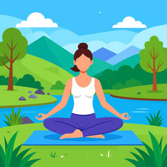 Woman meditating in lotus position on a yoga mat outdoors, surrounded by a scenic landscape with mountains, trees, and a river.