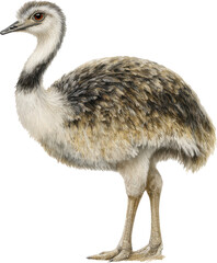 A young ostrich chick with speckled brown and white feathers standing on a transparent background isolated on transparent background
