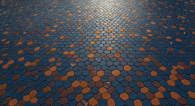 Close-up of a dark blue and orange hexagonal tile floor with a bright light shining on it from above.