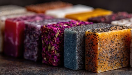 Close-up of various artisanal soap bars