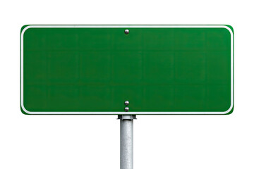 Blank green road sign on a metal post