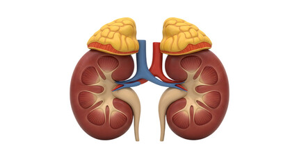 Detailed Anatomical Rendering of Human Kidneys and Adrenal Glands on Black Background High Resolution Image