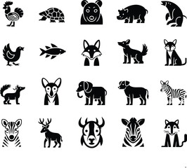 Fototapeta premium Collection of Twenty Animal Icons in Black and White Vector Format a Diverse Set of Animal Silhouettes