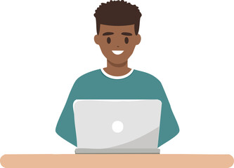 Happy young man working on his laptop at a desk.