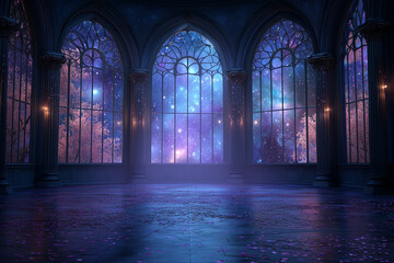 A majestic gothic hall with grand arched windows revealing a breathtaking celestial view of a glowing nebula, stars, and galaxies in a magical, mystical purple and blue night sky.