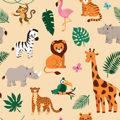 Naklejka premium African animals pattern for kids.Seamless pattern with safari animals,giraffe,monkey,lion,flamingo,cheetah,rhinoceros.Flat cartoon vector illustration