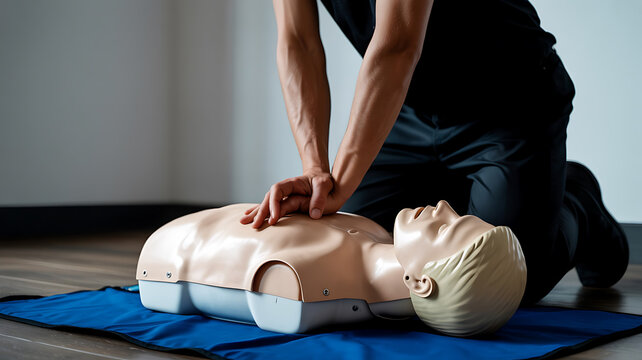Person performing CPR on a training dummy.
