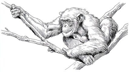 Detailed grayscale illustration of a chimpanzee resting in a tree