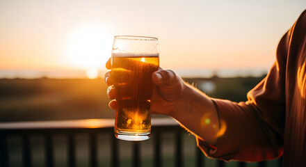 Hand holding cold pint of beer with condensation against nature, banner template for bar promotion party festival and craft beer advertising with copyspace.
