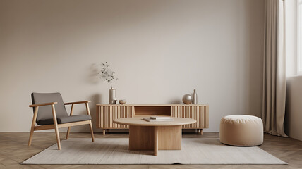 Simple, minimalist living room with wooden furniture.
