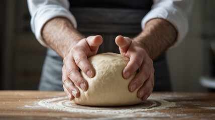 Fototapeta premium Hands kneading dough, preparing bread. 