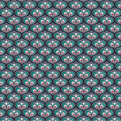 Seamless repeating pattern featuring stylized, symmetrical floral motifs resembling layered petals in deep jewel tones of emerald green