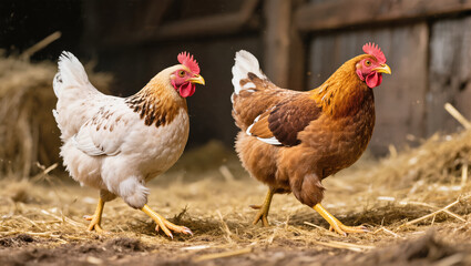 Fototapeta premium Two hens walking on straw inside a barn, one white and one brown, symbolizing rural farming and domestic poultry life.