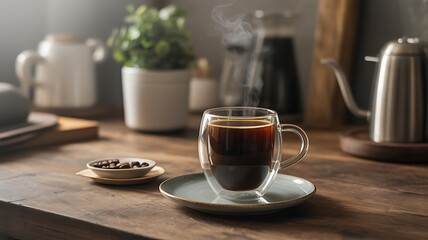 A steaming cup of coffee on a wooden table.
