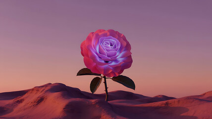 Glowing rose in desert, vibrant colors, serene beauty.
