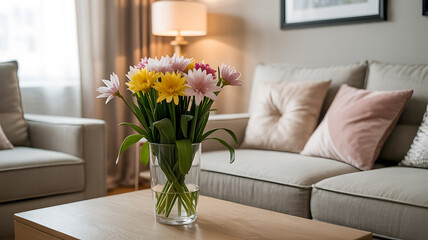 A bouquet of colorful flowers on a coffee table in a living room.
