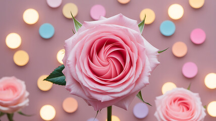 Pink rose, intricate center, surrounded by pastel lights.
