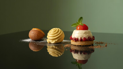 Three dessert spheres, yellow, orange, and red, on a reflective surface.
