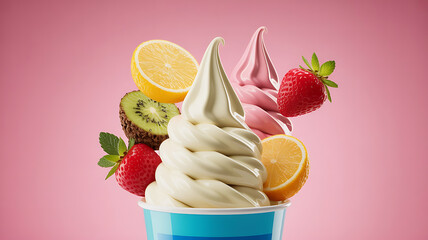Frozen yogurt sundae with fruit toppings.
