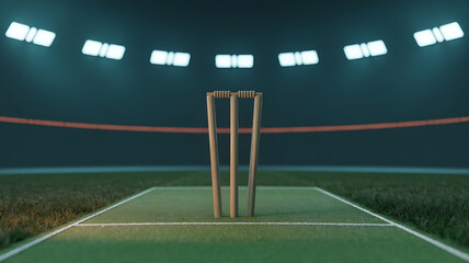 Cricket wickets in a stadium under lights.
