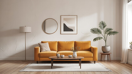 Warm, inviting living room with mustard yellow sofa and natural wood accents.
