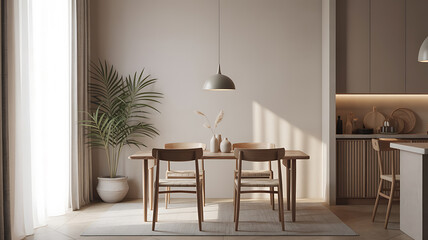 Sunlight-filled dining area, neutral tones, simple design.
