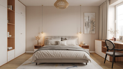 Cozy beige bedroom with wooden accents and natural light.
