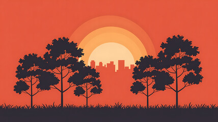 Silhouette trees at sunset, city in the background.
