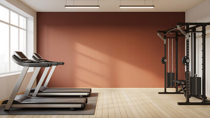 Modern gym with treadmills and weight equipment.
