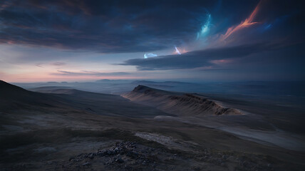 Vast, dramatic landscape at dawn, dramatic clouds, and rugged mountains.
