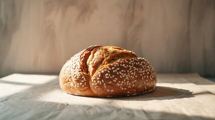Round loaf of bread, light brown, topped with white seeds.
