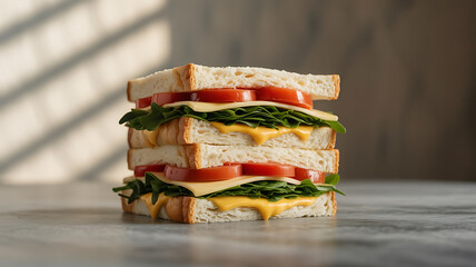 A towering sandwich stack, layered with cheese, tomatoes, and greens.
